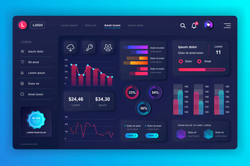 Neumorphic dashboard UI kit. Admin panel vector design template with infographic elements, HUD diagram, info graphics. Website dashboard for UI and UX design web page. Neumorphism style.