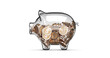 Glass piggy bank stuffed with growing coins. 3d rendering