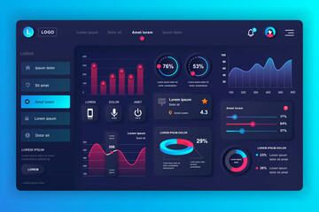 Neumorphic dashboard UI kit. Admin panel vector design template with infographic elements, HUD diagram, info graphics. Website dashboard for UI and UX design web page. Neumorphism style.