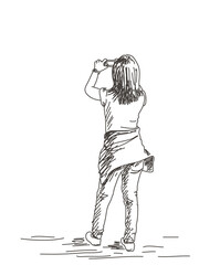 Wall Mural - Women taking a photo with smart phone, Hand drawn illustration sketch