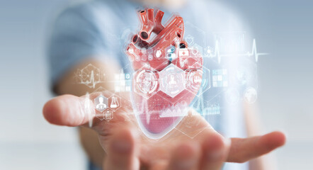 Poster - Man using digital x-ray of human heart holographic scan projection 3D rendering