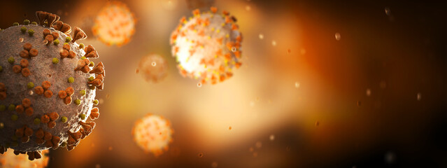 Poster - Microscopic close-up of the covid-19 disease. Coronavirus illness spreading in body cell. 2019-nCoV analysis on microscope level 3D rendering