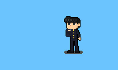 Wall Mural - Pixel art cartoon japanese boy in student uniform character.