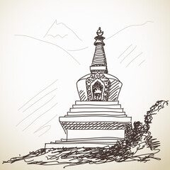 Wall Mural - Buddhist stupa in mountain, Hand drawn illustration, Vector sketch