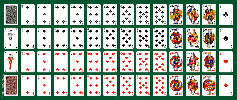Poker set with isolated cards on green background. 52 French playing cards with jokers. - obrazy, fototapety, plakaty 