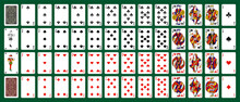 Poker Set With Isolated Cards On Green Background. 52 French Playing Cards With Jokers.