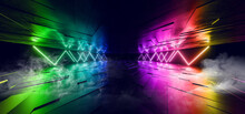 Smoke Steam Cyber Synth Neon Laser Sci Fi Futuristic Glowing Rainbow Shape Lines Beams On Grunge Reflective Concrete Corridor Warehouse Garage Showroom 3D Rendering