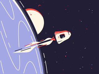 Wall Mural - vector illustration of a reusable spacecraft entering into orbit around the planet