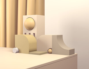 Poster - 3D rendering abstract show, promotion pastel yellow, beige background. Minimal product podium, showcase with simple geometric shape and copy space. Trendy light art template. Online store layout