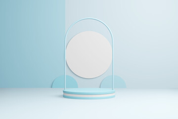 Poster - 3D rendering abstract background, empty showcase podium pastel blue color. Minimal steps product presentation, simple geometric shapes. Clean light advertising web page template.