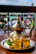 A Teapot Of Mint Tea In One Of The Many Cafees On Jemaa El Fnaa Square In Marrakech, Morocco. 