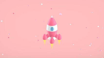 Poster - 3D rendering of a vintage toy rocket flying spinning among the stars on pink. Space travel cartoon style.