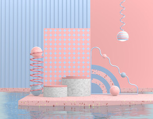 Poster - 3D rendering abstract display product. Unusual pedestal in the middle of the pool water with copy space and geometric shapes. Pastel pink blue advertising platform. Light layout online store