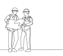 Poster - one continuous line drawing of young architect explaining building design blueprint to contractor. c