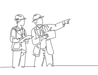Poster - single continuous line drawing of young architect and house builder discussing residence blueprint w