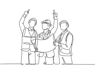 Poster - single continuous line drawing of young architect holding blueprint and discussing building construc
