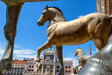 Sticker - Basilica di San Marco (St Mark) detail, ancient bronze horses, Venice, Italy. This old sculpture is monument of Roman Byzantine culture.