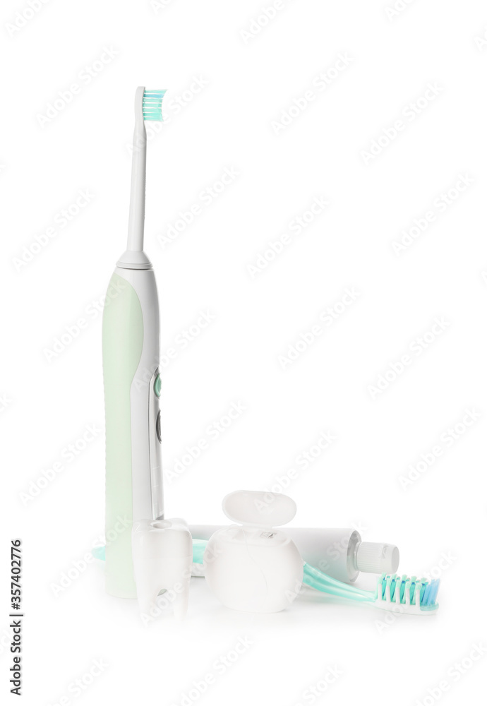 Set for oral hygiene on white background