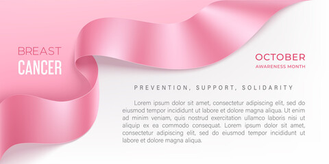 Breast cancer awareness month vector banner with photorealistic pink ribbon