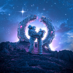 Wall Mural - final farewell beyond the stars / 3d illustration of male and female astronaut couple silhouetted em