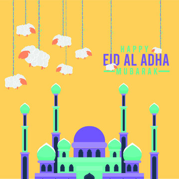 Happy Eid Al-Adha consists of colorful mosque buildings, and a few beer sheep