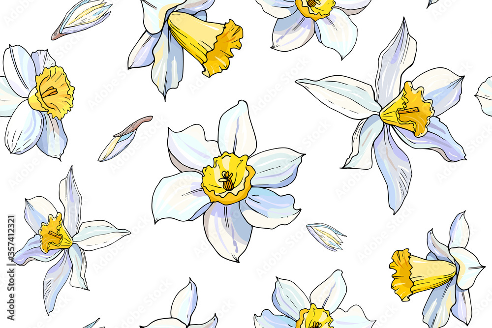 Seamless white daffodil hand drawn  floral pattern. Narcissus endless background. Spring easter backdrop. For greeting cards, invitations, decorations, floral prints, floristic design, wallpaper.