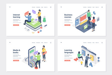 Poster - Internet learning, online education types isometric landing page templates set