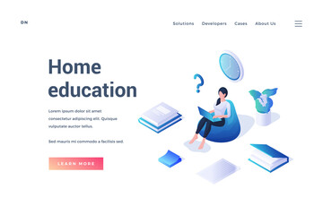 Poster - Isometric female student in promotion of website about home education