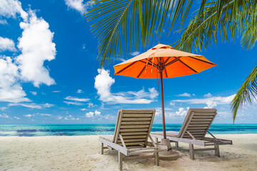 Tropical paradise beach with white sand and coco palms travel tourism wide panorama background. Luxury vacation and holiday banner, tropical beach resort concept. Beautiful beach design