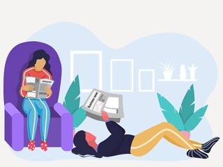 Two roommates reading newspaper sit on sofa at home and  lay down on the floor,announcement , promotion, news, advertising, commercial concept, vector illustration