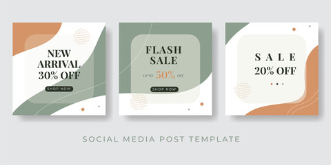 Poster - Set of social media post templates in green and orange color of the earth tone. Fashion and lifestyle blog templates, web banners, brochure designs. Background with copy space for text and images.