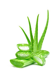 Wall Mural - Fresh green Aloe vera leaves with sliced and water drops isolated on white background.