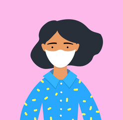 Girl wearing medical mask. Vector flat illustration. Coronavirus, 2019-ncov, covid 19 concept. Memphis geometrical style. Spring season clothing, shirt. Black, blue, yellow, pink, white, beige color