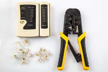  Network Tool Kit Professional, Cat6 Cat5e EZ Rj45 Crimp Tool, 8P8C RJ45 Connectors, Cable Tester, Stripping Pliers Tool Set. Data crimp tool kit isolated on white background