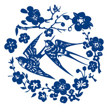 Vector Chinese Classic Blue Traditional Paper Cutting Or Porcelain Seamless Pattern. Swallow Bird & Floral Pattern.