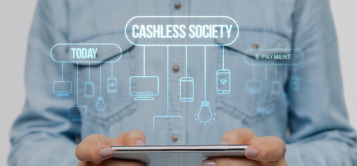 Poster - Collage of woman holding tablet computer and cashless society scheme with modern gadgets