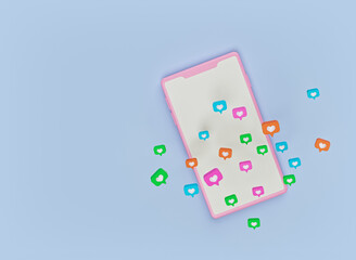 Poster - Social network like heart icons with smartphone. minimal design background for advertising. 3d rendering