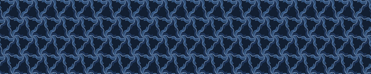 Sticker - 
Indigo blue doodle shapes seamless border pattern. Sketchy vector banner background. Modern dark navy striped  graphic shape bordure. Hand drawn quirky ribbon trim. Masculine home deco textile edge.