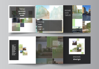 Wall Mural - Vector layout of square format covers design templates for trifold brochure, flyer, cover design, book design, brochure cover. Abstract project with clipping mask green squares for your photo.