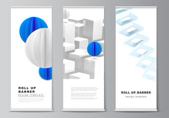 Vector layout of roll up mockup design templates for vertical flyers, flags design templates, banner stands, advertising. 3d render vector composition with dynamic realistic geometric blue shapes.