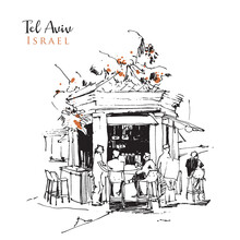 Drawing Sketch Illustration Of A Kiosk Cafe In Tel Aviv