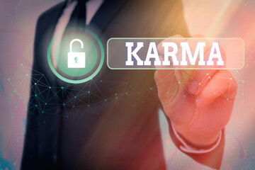 Text sign showing Karma. Business photo showcasing sum of an individual actions in this and previous states of existence