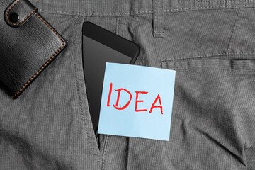Poster - Conceptual hand writing showing Idea. Concept meaning impression that tries to portray the overarching scope or outline Smartphone device inside trousers front pocket with wallet