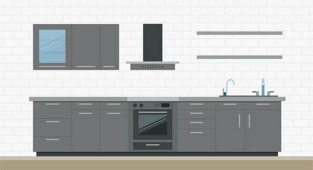 Illustration interior of modern kitchen, furniture and appliances flat vector set