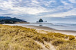Beach grass and Haystack Rock and city of Canon Beach, Oregon