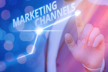 Poster - Writing note showing Marketing Channels. Business concept for the necessary to transfer the ownership of goods