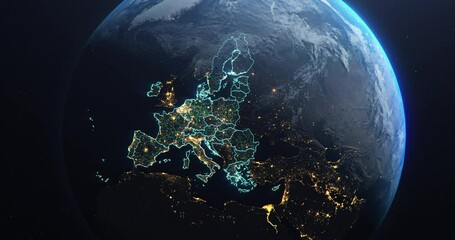 Wall Mural - planet earth from space european union countries highlighted teal glow, 2020 political borders and c