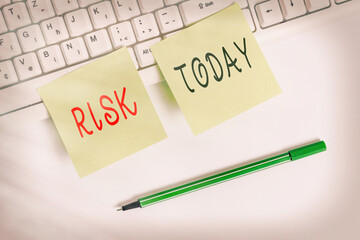 Wall Mural - Writing note showing Risk. Business concept for implies future uncertainty about deviation from expected earnings Square green note paper with pencil on the white background