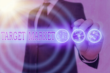Poster - Word writing text Target Market. Business photo showcasing specific costumers to whom a company aims its marketing Elements of this image furnished by NASA