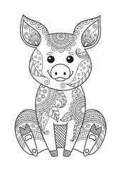 Wall Mural - Pig doodle coloring book page. Antistress for adult. Zentangle style. Chinese symbol of the year the pig in the eastern horoscope.